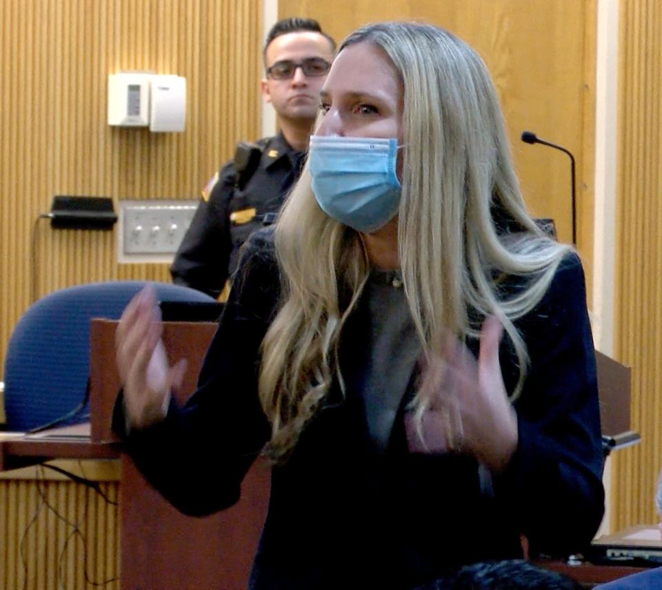 Monmouth County Assistant Prosecutor Caitlin Sidley delivers her opening statement at the start of the murder trial for Vernon Sanders and Avery Hopes before Superior Court Judge Jill O'Malley at the Monmouth County Courthouse Thursday, February 9, 2023.  The men are charged in the killing of Denzel Morgan-Hicks in Asbury Park.