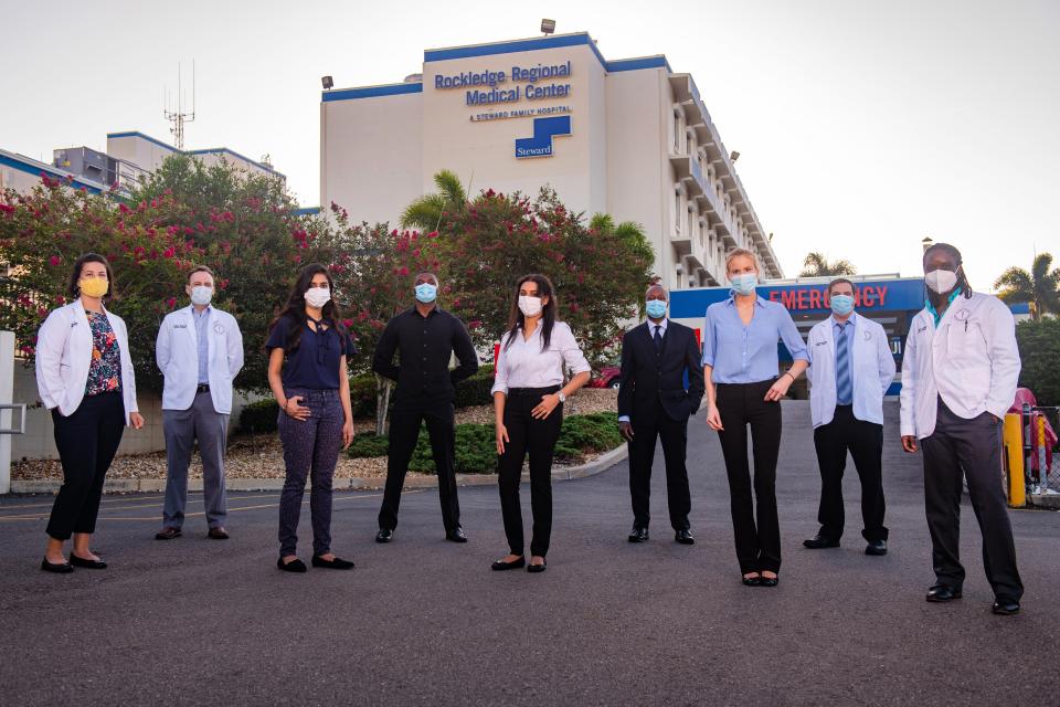 Medical students from the Burrell College of Osteopathic Medicine began clinical rotations in August 2020 at Rockledge Regional Medical Center in partnership with the Florida Institute of Technology. Pictured from left: Jessica Bonilla, Mauel Modesto, Nishath Rahman, Tony Besong, Savin Pillai, Paul Uzodinma, Kelsey Thierault, Chris Voloshin and Amaka Ofuani.