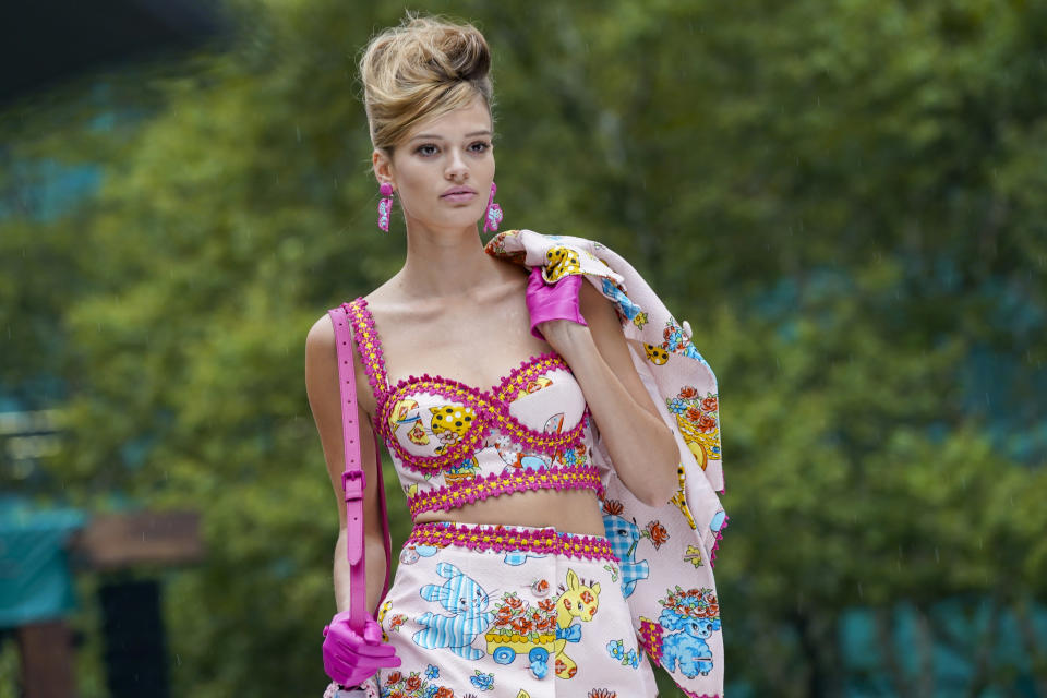 The Moschino collection is modeled during New York Fashion Week, Thursday, Sept. 9, 2021. (AP Photo/Mary Altaffer)