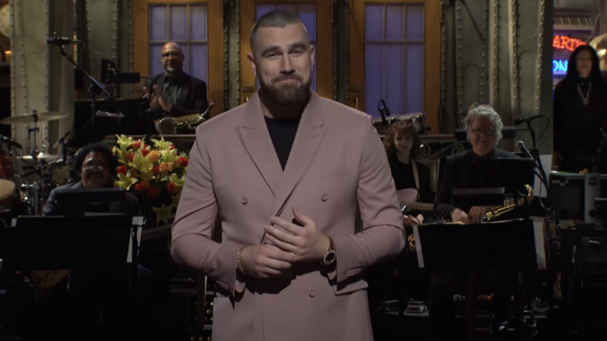  Travis Kelce performing the monologue when hosting Saturday Night Live. 