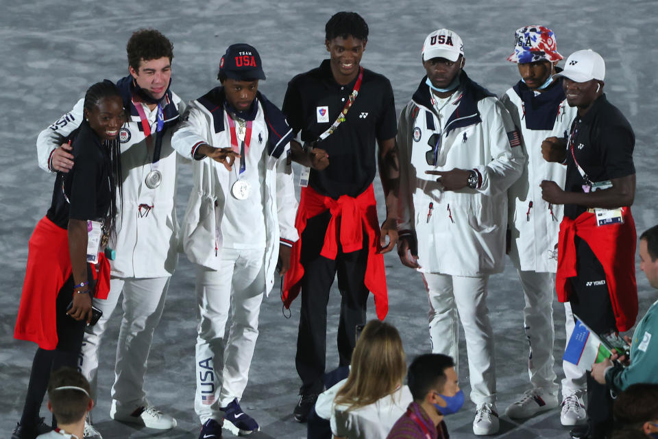 TOKYO, JAPAN - AUGUST 08: Members of Team United States and Team Haiti during the Closing Ceremony of the Tokyo 2020 Olympic Games at Olympic Stadium on August 08, 2021 in Tokyo, Japan. (Photo by Alexander Hassenstein/Getty Images)