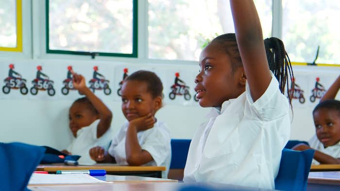 Children in a classroom raising their hands during a lesson