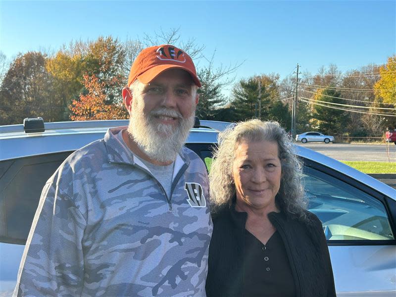 Johnny and Lana Rogers of Franklin Township pose for photo outside their polling location for Election Day, Nov. 7, 2023.