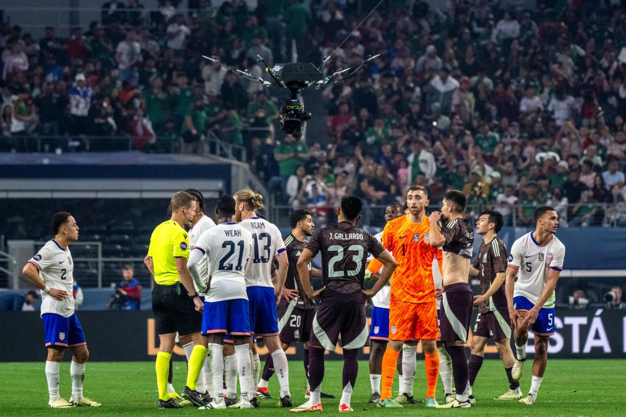 ARLINGTON, TX - MARCH 24:  The match is stopped because of offensive chant during the CONCACAF Nations League Final match between United States and Mexico at AT&T Stadium on March 24, 2024 in Arlington, Texas.  The United States won the match 2-0 (Photo by Shaun Clark/ISI Photos/Getty Images)