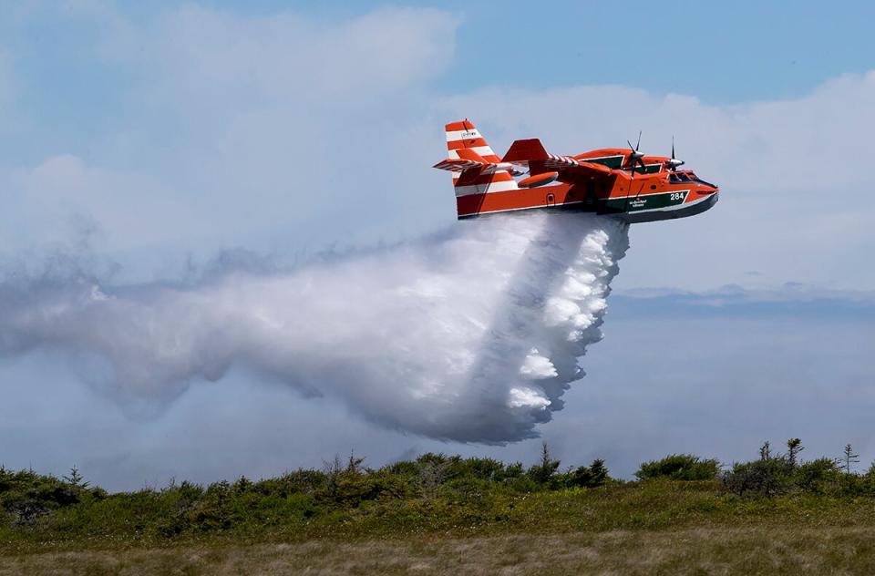 A provincial water bomber douses a fire near Cappahayden.