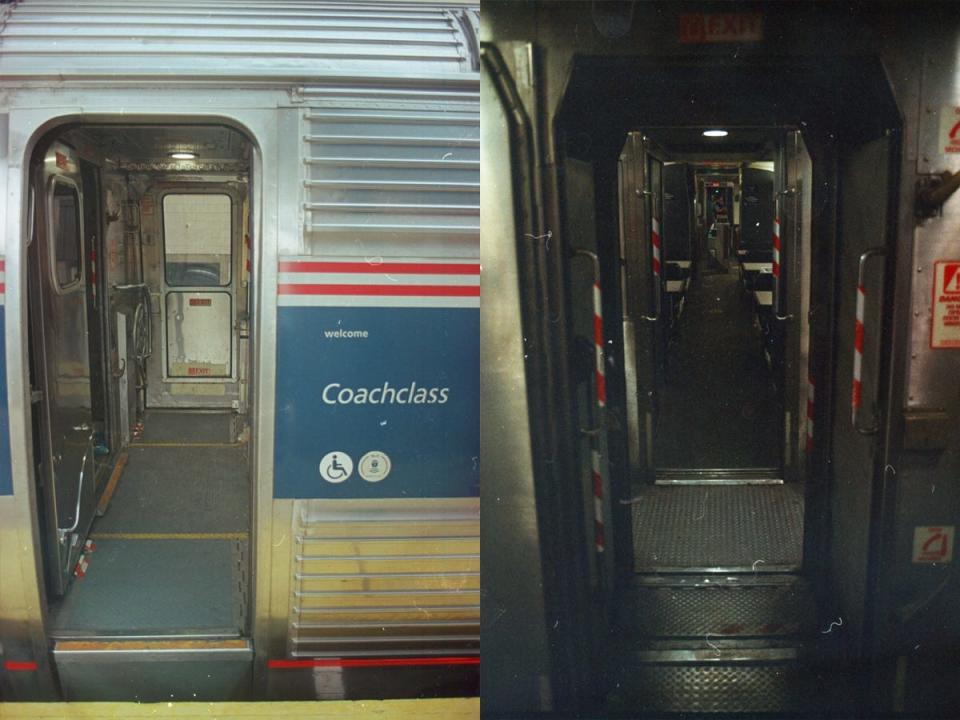 The entrance to coach and the view from Coach to the Café car on Amtrak train