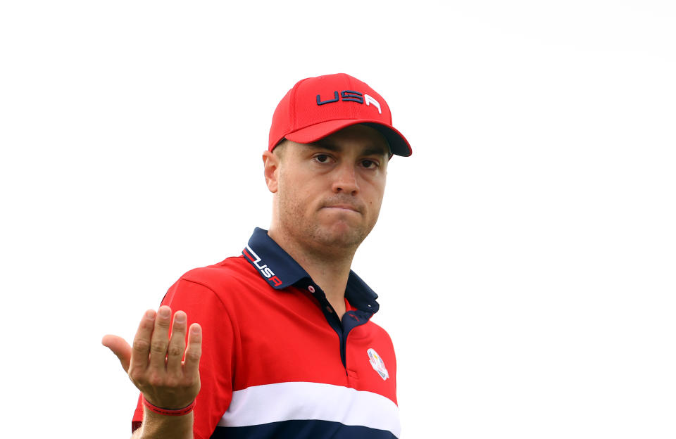 Seen here, Justin Thomas of team United States interacts with the crowd during the 2021 Ryder Cup.