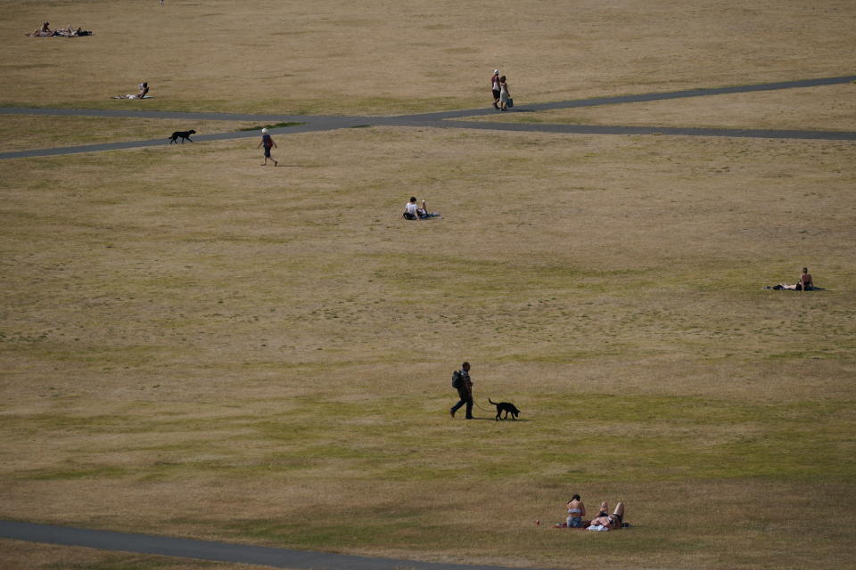 People enjoying the hot weather in a patchy Greenwich Park, London.