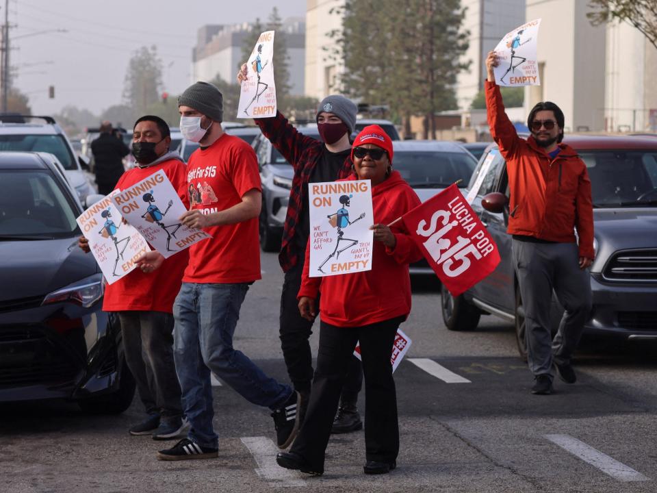 Uber and Amazon Flex drivers protest the fuel price surge and demand more money outside an Amazon warehouse in Redondo Beach, California, U.S., March 16, 2022.