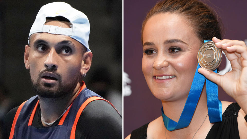 Nick Kyrgios hit out on social media after being overlooked for the 2022 Newcombe Medal won by Ash Barty. Pic: Getty/AAP