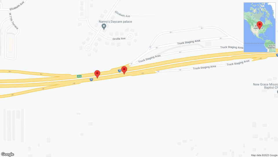 A detailed map that shows the affected road due to 'Broken down vehicle on eastbound I-70 in Kansas City' on December 28th at 5:52 p.m.