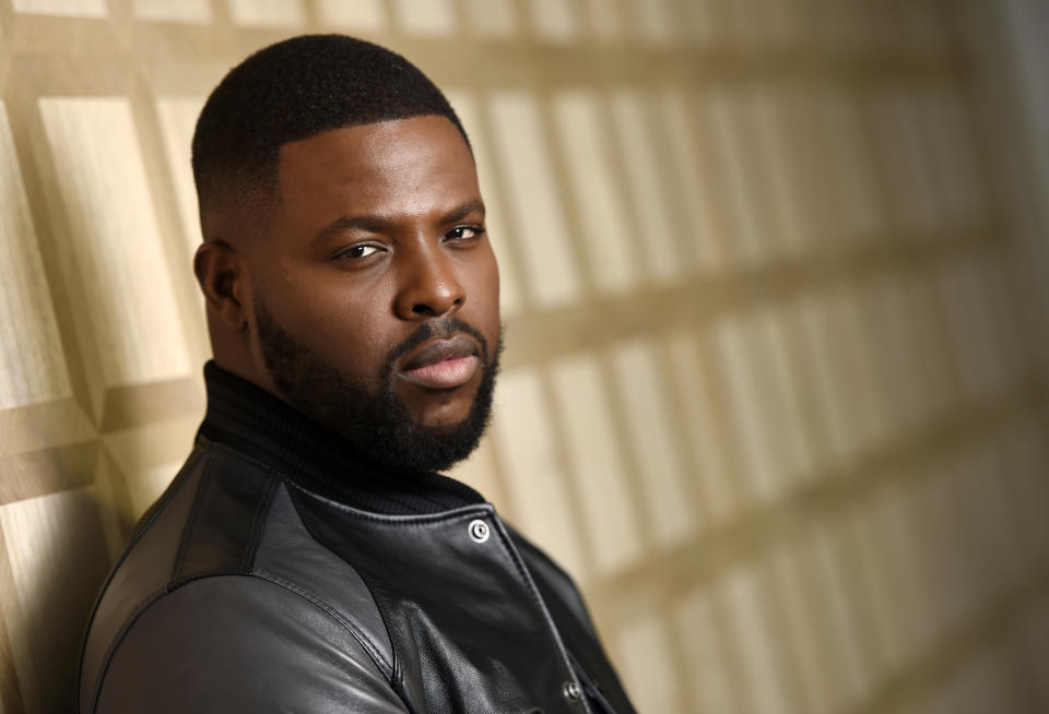 This March 12, 2019 photo shows Winston Duke, a cast member in the film "Us," posing at the The London West Hollywood in West Hollywood, Calif. (Photo by Chris Pizzello/Invision/AP)