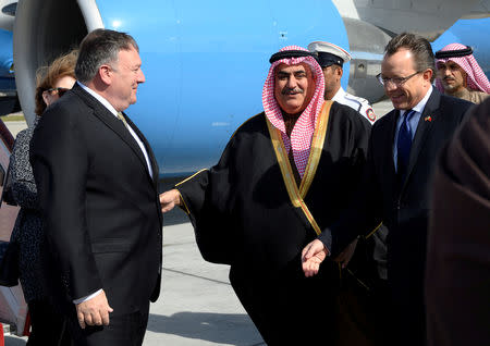 U.S. Secretary of State Mike Pompeo is greeted by Bahraini Foreign Minister Khalid bin Ahmed Al Khalifa after arriving at Manama International Airport in Manama, Bahrain, Jan. 11, 2019. Andrew Caballero-Reynolds/Pool via REUTERS