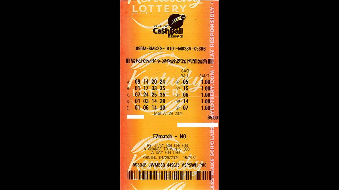 Richard Main’s winning ticket for the Kentucky Lottery’s Cash Ball game.