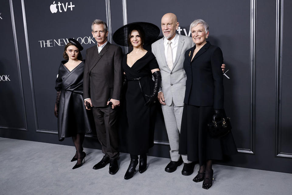 (L-R) Maisie Williams, Ben Mendelsohn, Juliette Binoche, John Malkovich and Glenn Close attend Apple TV+'s "The New Look" world premiere at Florence Gould Hall on February 12, 2024 in New York City.
