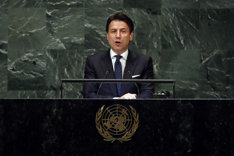 Italy's President of the Council of Ministers Giuseppe Conte addresses the 73rd session of the United Nations General Assembly, at U.N. headquarters, Wednesday, Sept. 26, 2018. (AP Photo/Richard Drew)