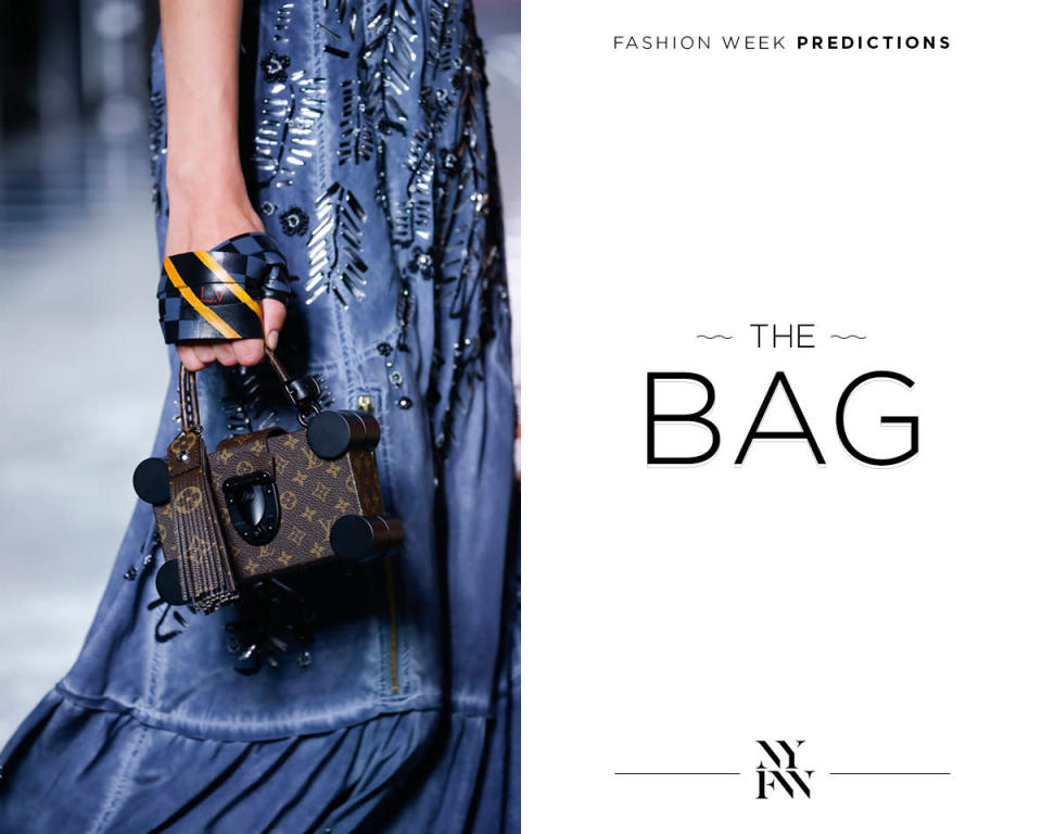 <p>The golden rule when it comes to bags for fashion week: the smaller, the better because it shows your status in the fashion food chain. Small bags indicates “I don’t need to carry all my invites because I am so well known.” Unless, of course, your favorite PR has personalized a special bag just for you! </p><p><a href="http://us.louisvuitton.com/eng-us/homepage" rel="nofollow noopener" target="_blank" data-ylk="slk:Louis Vuitton;elm:context_link;itc:0;sec:content-canvas" class="link "><b>Louis Vuitton </b></a>Spring Bag</p>