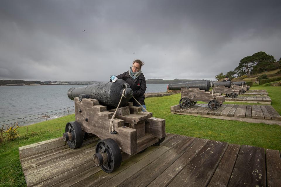 Photographs by Emily Whitfield-Wicks Getting ready for the new season. St.Mawes Castle. English Heritage. L-R Wendy Richardson (Collections Conservator for the West) and Matty Cambridge (Asst Curator).