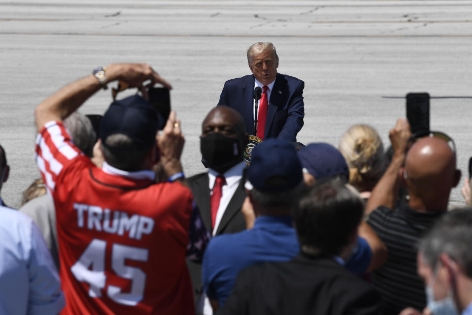 President Donald Trump speaks during an event at Burke Lakefront Airport in Cleveland, Ohio, Thursday, Aug. 6, 2020. (AP Photo/Susan Walsh)