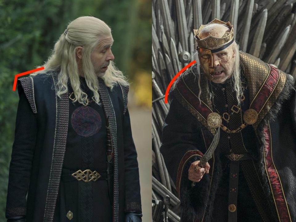 The same man (Paddy Considine as King Viserys) in middle-aged makeup and older prosthetics.