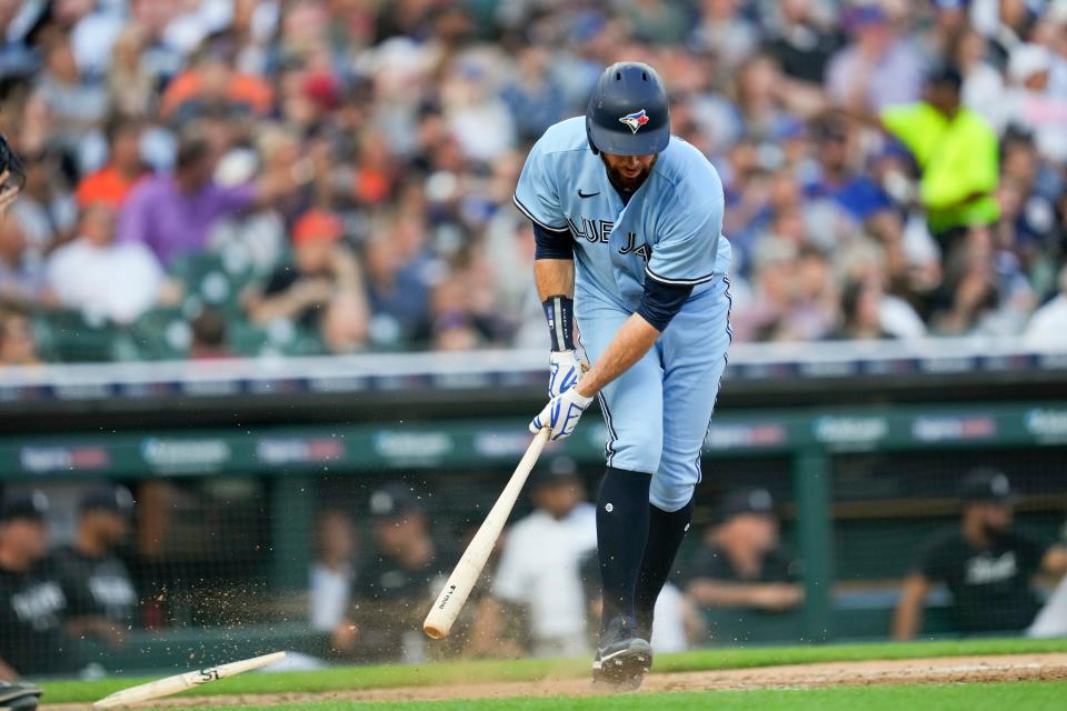Toronto Blue Jays' Brandon Belt breaks his bat after flying out against the Detroit Tigers in the sixth inning at Comerica Park in Detroit on Friday, June 7, 2023.