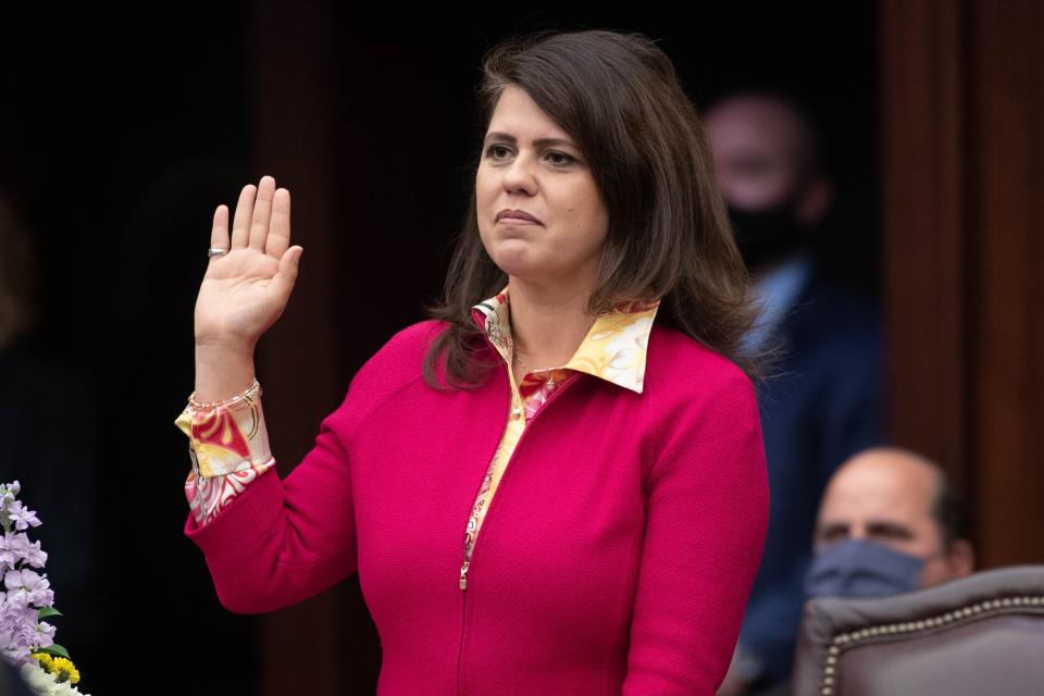 Sen. Ana Maria Rodriguez is sworn in during the Florida Legislature's Organization Session at the Florida Capitol Tuesday, Nov. 17, 2020.