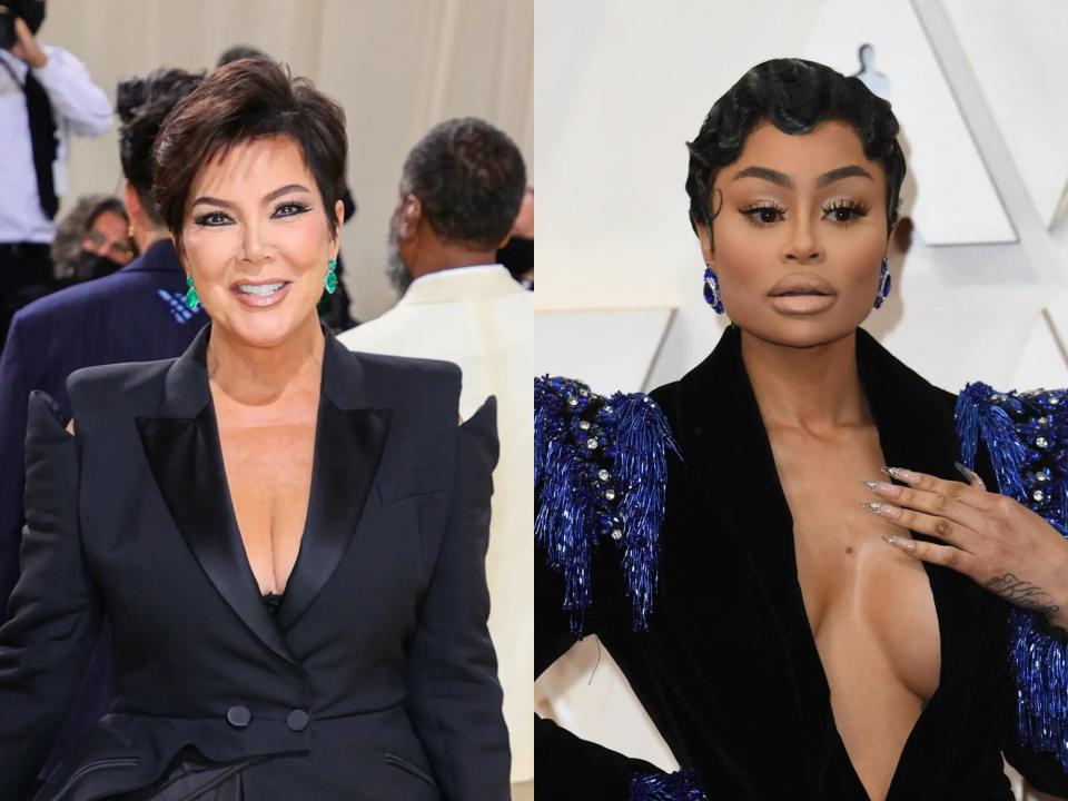 left: kris jenner smiling on the met gala red carpet, wearing a blazer; right: blac chyna on the oscars red carpet, looking with her eyebrows raised and a hand on her lapel