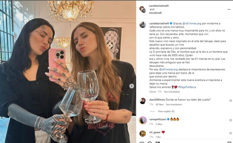 Cande Tinelli hizo un posteo junto a su hermana Micaela y se mostró sin tatuajes en el cuello (Foto: Captura Instagram/@candelariatinelli)