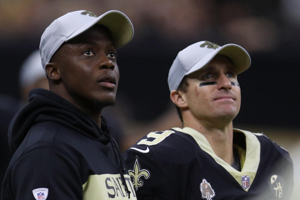 Saints coach Sean Payton declined to say whether Teddy Bridgewater, left, or Drew Brees will start on Sunday vs. Arizona. (Chris Graythen/Getty Images)