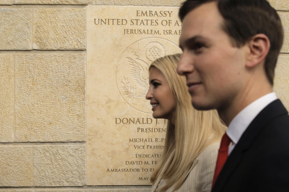 FILE - In this May 14, 2018, file photo, U.S. President Donald Trump's daughter Ivanka, left, and White House senior adviser Jared Kushner attends the opening ceremony of the new U.S. Embassy in Jerusalem. Prime Minister Benjamin Netanyahu has bet heavily on Trump and that strategy has yielded generous dividends. Trump recognized Jerusalem as Israel’s capital, and moved the American Embassy to the contested holy city. (AP Photo/Sebastian Scheiner, File)