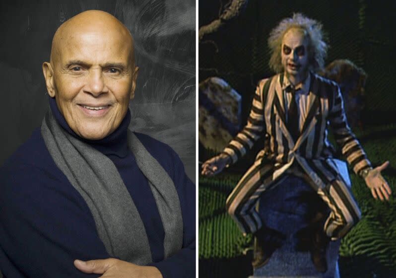 From left, singer and activist Harry Belafonte and Michael Keaton from the 1988 film, 'Beetlejuice.'
