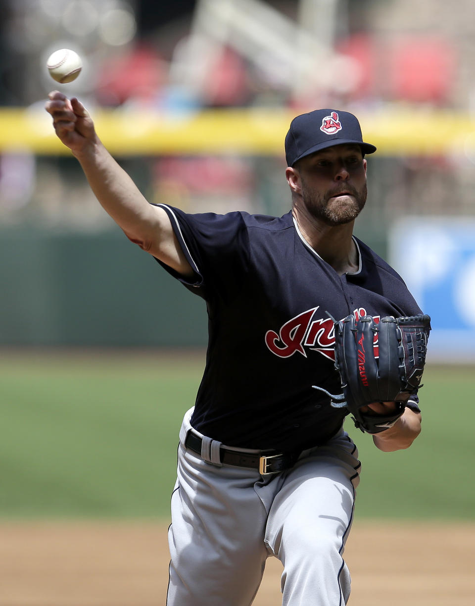Cleveland Indians starting pitcher Corey Kluber throws in the first inning during a baseball game against the Arizona Diamondbacks, Sunday, April 9, 2017, in Phoenix. (AP Photo/Rick Scuteri)