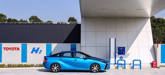 A blue Toyota Mirai fuel-cell sedan at a Toyota hydrogen refueling station in China.