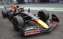 Red Bull driver Max Verstappen of the Netherlands pulls out of the pit lane during the first practice session ahead of the Formula One Grand Prix at the Spa-Francorchamps racetrack in Spa, Belgium, Friday, Aug. 26, 2022. The Belgian Formula One Grand Prix will take place on Sunday. (AP Photo/Olivier Matthys)