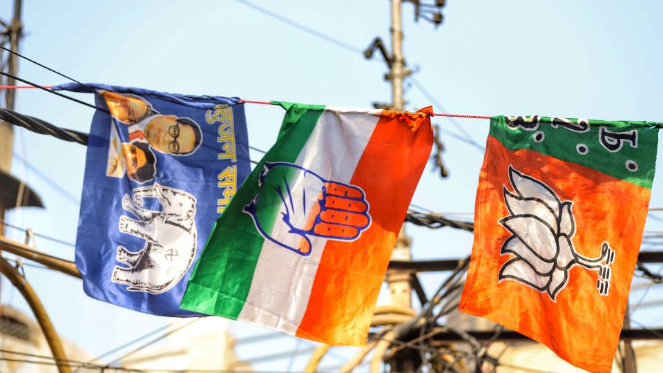 Bharatiya Janata Party, Indian National Congress and Bahujan Samaj Party flags fly in Delhi on March 27, 2021. - Nasir Kachroo/NurPhoto/Getty Images