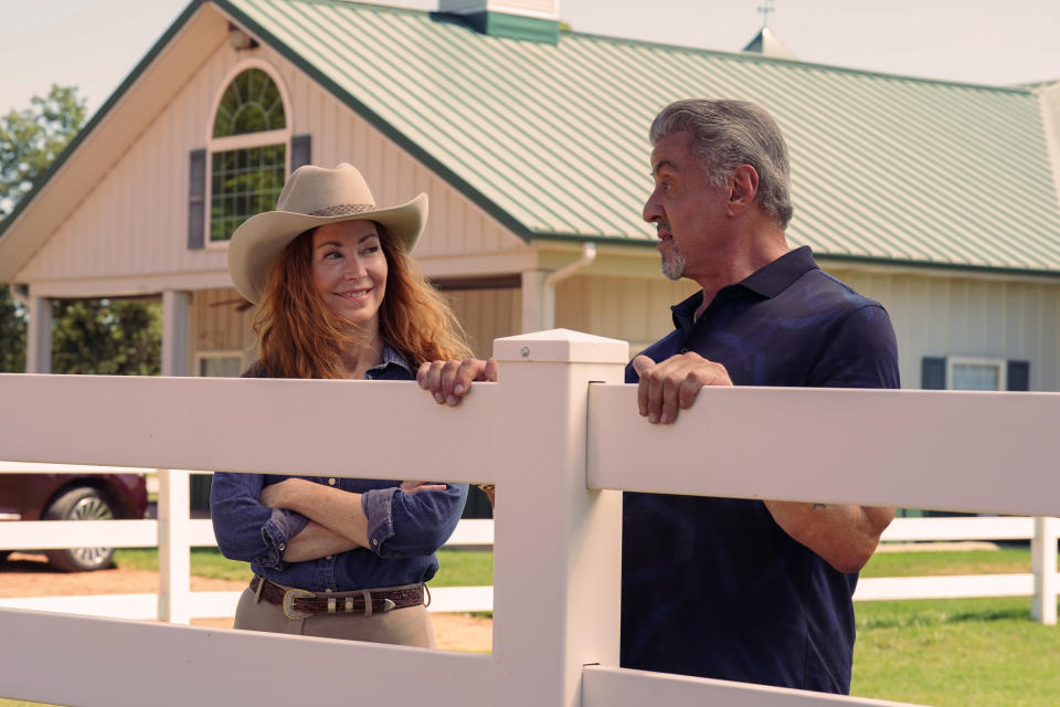 Dana Delany as Margaret and Sylvester Stallone as Dwight Manfredi in Paramount+ original “Tulsa King” - Credit: Brian Douglas/Paramount+