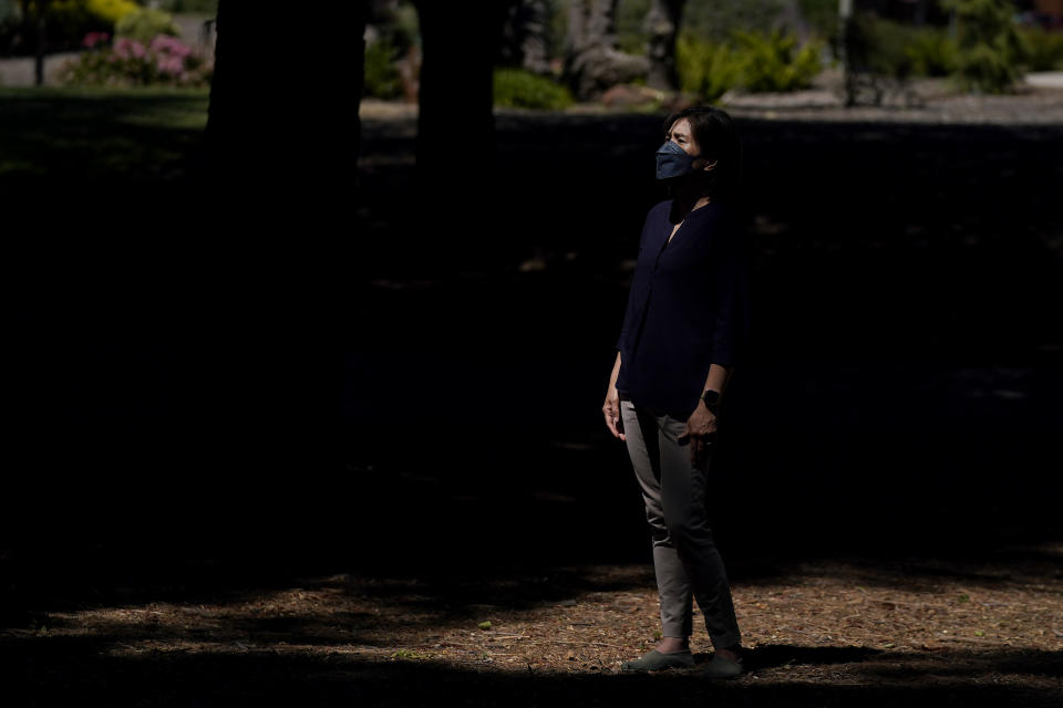 Chou, who wished to not use her first name, stands for photos in Sunnyvale, Calif., Monday, July 10, 2023. Taiwan is facing a long-delayed reckoning with sexual harassment and sexual violence. (AP Photo/Jeff Chiu)