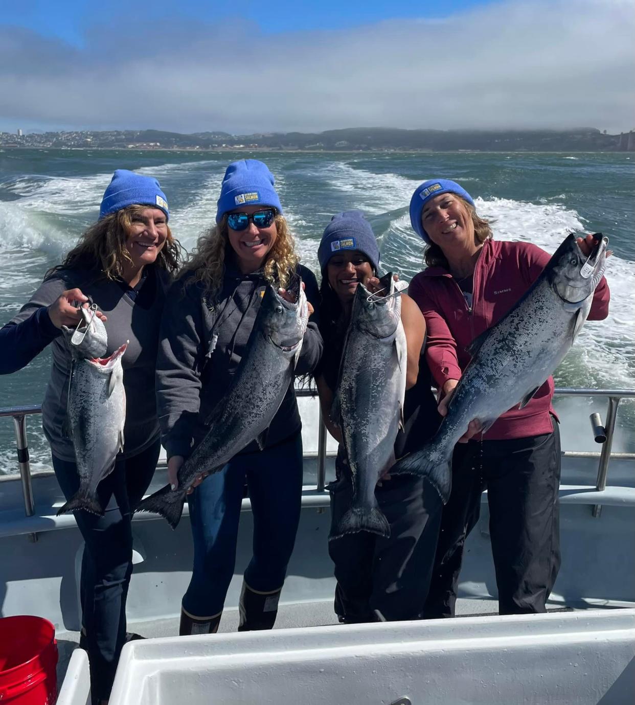 Lorrie Otte, Cat Kaiser, Golden State Salmon Association (GSSA) events director, Naz Jalil and Lyn Marie Moyer show off their salmon limits caught aboard the Salty Lady at Point Reyes on July 8.