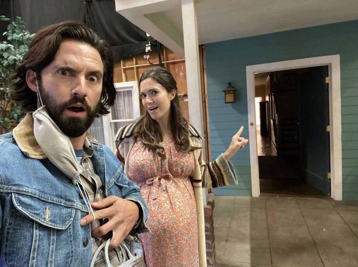 Milo Ventimiglia and Mandy Moore share a selfie on the set of "This Is Us" ahead of the season five premiere on Tuesday, Oct. 27, 2020. Moore captioned the photo: "Just a couple quick selfies before we deliver some babies (and a new season!!)"