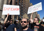 <p>Protesters march near Central Park West in New York City during a “Not My President’s Day” rally on Feb. 20, 2017, as part of a protest against President Trump. (Timothy A. Clary/AFP/Getty Images) </p>