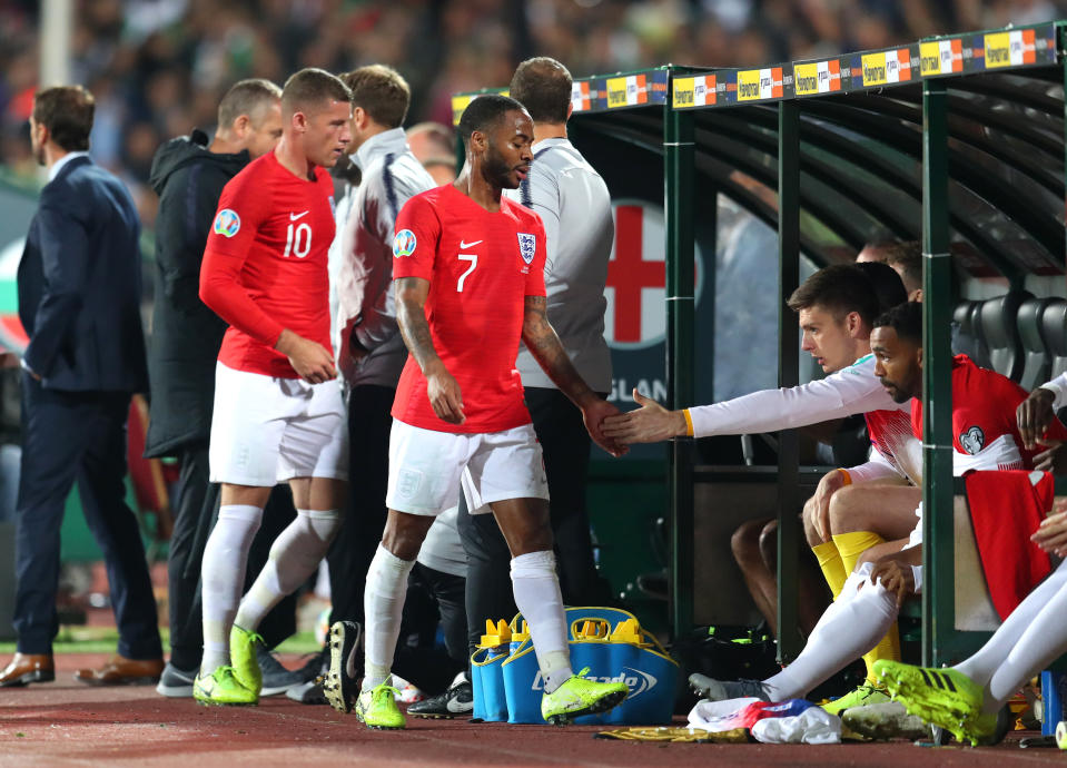 SOFIA, BULGARIA - OCTOBER 14: Raheem Sterling of England shakes hands with Nick Pope after being substituted during the UEFA Euro 2020 qualifier between Bulgaria and England on October 14, 2019 in Sofia, Bulgaria. (Photo by Catherine Ivill/Getty Images)