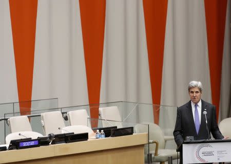 U.S. Secretary of State John Kerry speaks at a high-level meeting on addressing large movements of refugees and migrants at the United Nations General Assembly in Manhattan, New York, U.S., September 19, 2016. REUTERS/Lucas Jackson