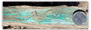 Outcropping, shale-hosted copper oxide mineralization grading 2.4% copper, Mirador project.