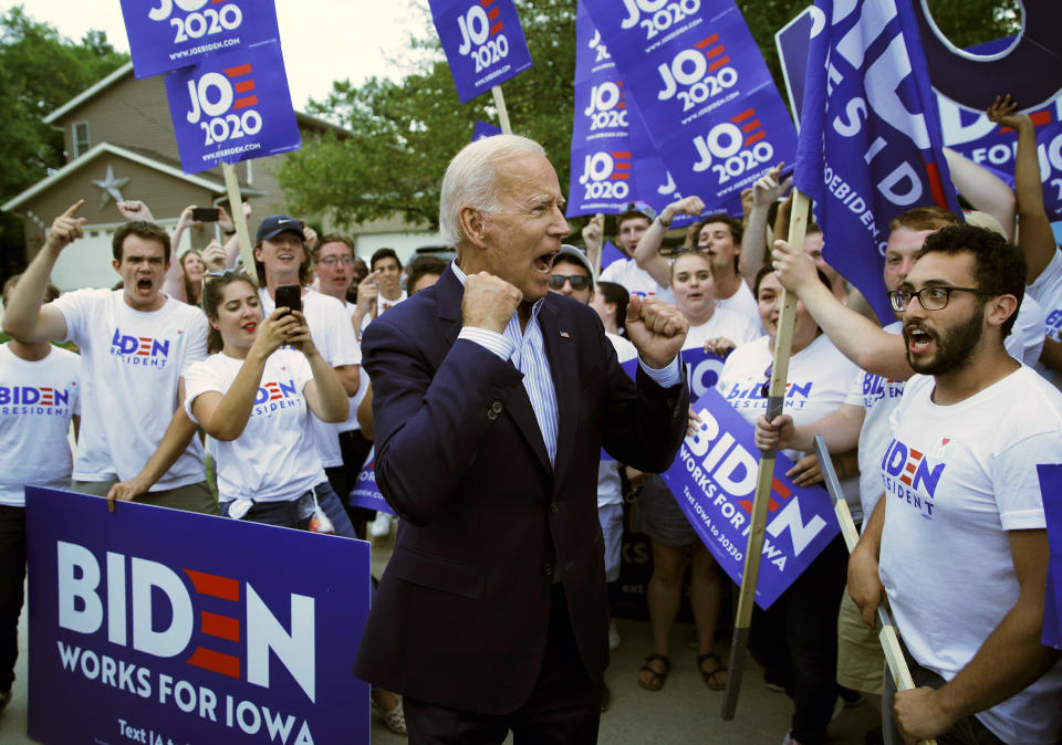 FILE - In this Aug. 9, 2019, file photo, former Vice President and Democratic presidential candidate Joe Biden meets with supporters before speaking at the Iowa Democratic Wing Ding at the Surf Ballroom in Clear Lake, Iowa. (AP Photo/John Locher, File)