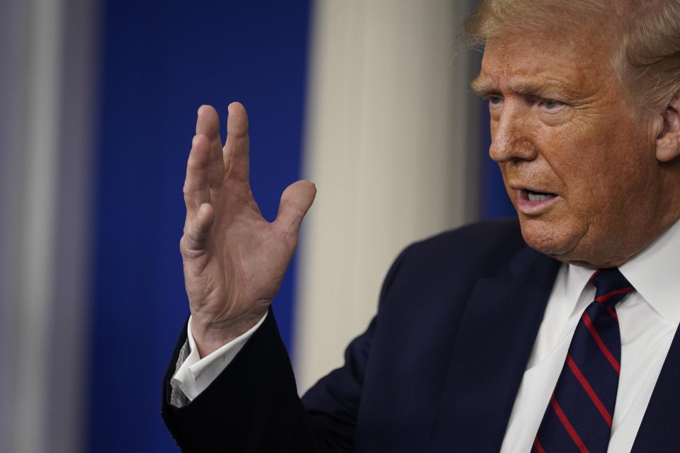 President Donald Trump speaks during a news conference at the White House, Thursday, July 30, 2020, in Washington. (AP Photo/Evan Vucci)