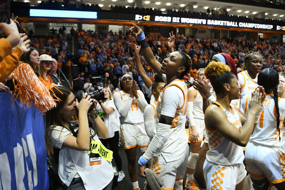 Tennessee's Jordan Horston (25) and the other players celebrate before the student section after the win over Toledo in the second round of the NCAA basketball tournament in Knoxville, Tenn. on Monday, March 20, 2023. 