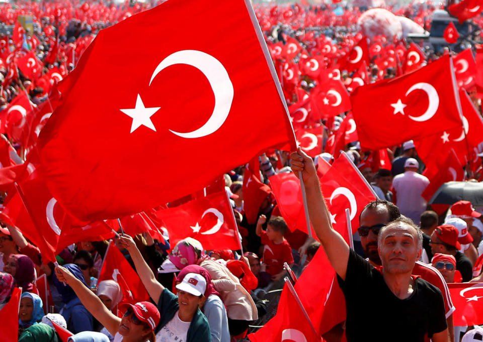 <p>A man waves Turkey’s national flag during rally</p><p>A man waves Turkey’s national flag during the Democracy and Martyrs Rally organized by Turkish President Tayyip Erdogan to protest last month’s failed military coup attempt, in Istanbul, Turkey, Aug. 7, 2016. (Photo: Osman Orsal/Reuters)</p>