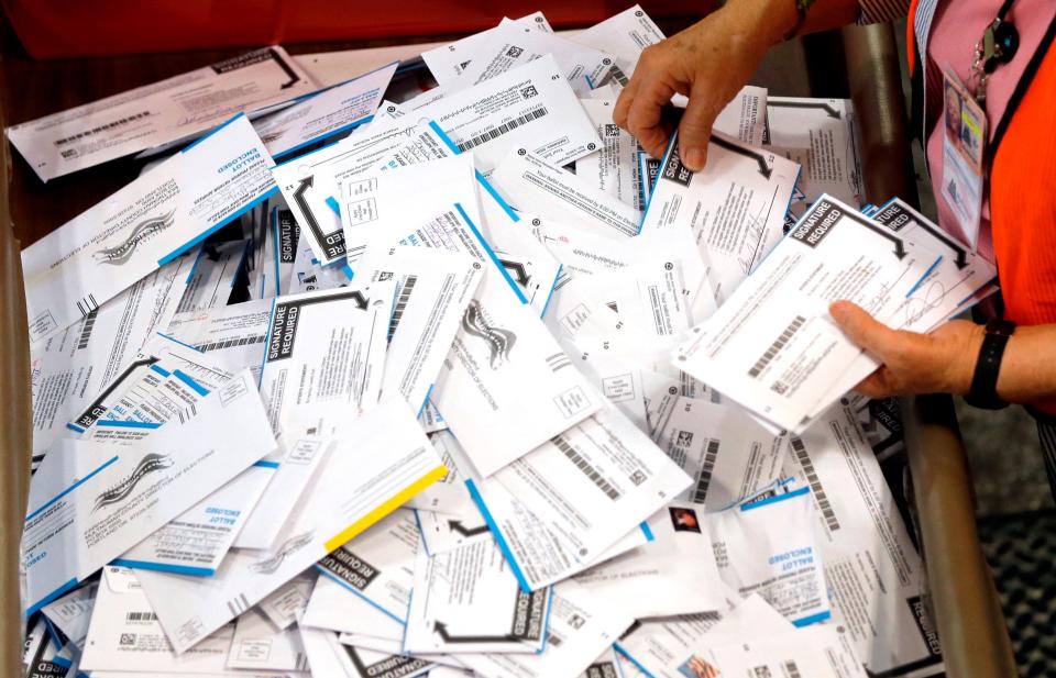 FILE - In this May 17, 2016, file photo, Ballots are prepared for counting in Oregon in this May 17, 2016 file photo.