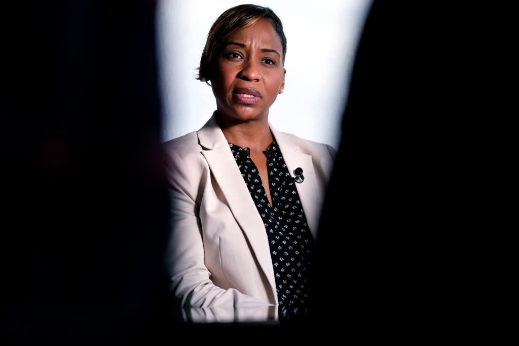 Andrea Campbell, Attorney General of Massachusetts, answers a question during an interview at the State Attorneys General Association meetings, Tuesday, Nov. 14, 2023, in Boston. In exclusive sit-down interviews with The Associated Press, several Black Democrat attorneys general discuss the role race and politics plays in their jobs. (AP Photo/Charles Krupa)