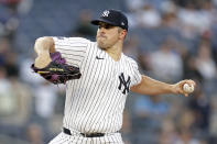 New York Yankees pitcher Carlos Rodón throws against the Houston Astros during the first inning of a baseball game Wednesday, May 8, 2024, in New York. (AP Photo/Adam Hunger)